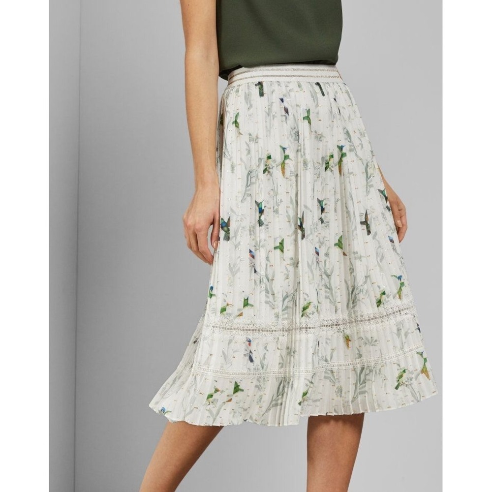 Ted Baker London Pleated Hummingbird Lace‎ Trim Midi Skirt Size 4
